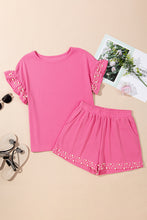 Load image into Gallery viewer, Bright Pink Textured Pearled Ruffle Sleeve Top 2 Piece Shorts Set
