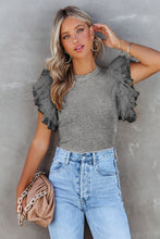 Load image into Gallery viewer, Gray Dotty Mesh Ruffle Sleeve Ribbed Knit Top
