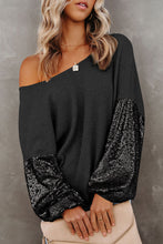 Cargar imagen en el visor de la galería, Black Sequin Patchwork Sleeve Open Back Waffle Knit Top
