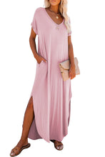 Cargar imagen en el visor de la galería, Pink V Neck Hidden Pocket Splits Maxi T-shirt Dress
