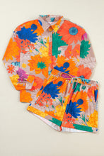 Load image into Gallery viewer, Orange Floral Printed Shirt Two Piece Drawstring Shorts Set
