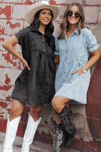 Cargar imagen en el visor de la galería, Black Acid Wash Button Front Collared Short Sleeve Denim Dress
