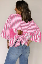 Cargar imagen en el visor de la galería, Pink Stripe Bowknot Cutout Back Drop Shoulder Wide Bracelet Sleeve Loose Tee
