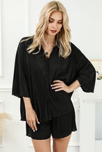 Cargar imagen en el visor de la galería, Black 3/4 Sleeves Pleated Shirt and High Waist Shorts Lounge Set
