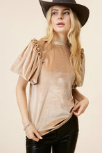 Load image into Gallery viewer, Light French Beige Frilly Puff Sleeve Mock Neck Blouse
