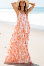 Cargar imagen en el visor de la galería, Orange Abstract Print Spaghetti Straps Backless Tiered Maxi Dress
