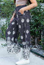 Cargar imagen en el visor de la galería, Black Bohemian Printed Drawstring Waist Wide Leg Pants
