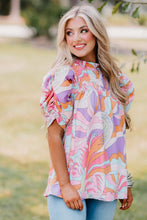 Load image into Gallery viewer, Pink Abstract Print Bubble Sleeve Smock Detail Blouse
