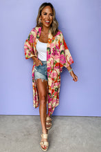 Load image into Gallery viewer, Pink Floral Allover Print Open Front Belted Duster Kimono
