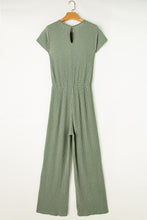 Cargar imagen en el visor de la galería, Grass Green Solid Color Ribbed Short Sleeve Wide Leg Jumpsuit
