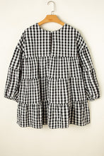 Load image into Gallery viewer, Black Checkered Puff Sleeve Tiered Loose Babydoll Blouse
