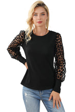 Load image into Gallery viewer, Black Leopard Mesh Puff Sleeve Patchwork Slim Fit Top
