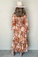 Cargar imagen en el visor de la galería, Brown Floral Print Shirred Square Neck High Waist Maxi Dress
