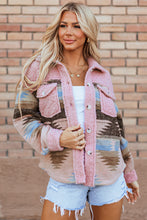 Load image into Gallery viewer, Pink Western Aztec Print Sherpa Splicing Buttoned Flap Pocket Coat
