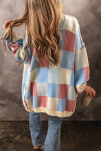 Load image into Gallery viewer, Light Blue Checkered Drop Shoulder Exposed Seam Open Front Cardigan
