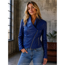 Load image into Gallery viewer, BNWT Iman 100% Genuine Leather Women's Blue Leather Asymmetric Zip Jacket Luxury
