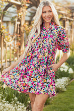 Load image into Gallery viewer, Pink Floral Puff Short Sleeve V Neck Mini Dress
