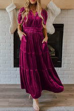 Cargar imagen en el visor de la galería, Red Dahlia Velvet Short Sleeve Shirred Waist Tiered Maxi Dress
