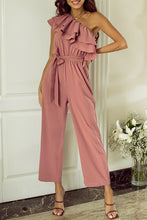 Load image into Gallery viewer, Dusty Pink One Shoulder Ruffle Trim Belted Jumpsuit
