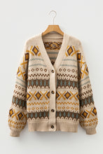 Load image into Gallery viewer, Khaki Western Pattern Knitted Button V Neck Cardigan Sweater
