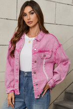 Load image into Gallery viewer, Pink Lace Patchwork Distressed Buttoned Denim Jacket
