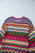 Cargar imagen en el visor de la galería, Rose Red Colorblock Striped Hollowed Knit Loose Sleeve Sweater
