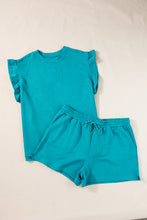 Load image into Gallery viewer, Teal Textured Ruffle Split Top and Drawstring Shorts
