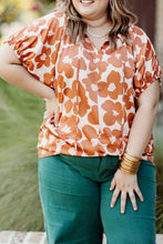 Cargar imagen en el visor de la galería, Orange Plus Size Floral Print Drawstring V Neck Short Sleeve Blouse
