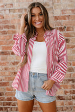 Cargar imagen en el visor de la galería, Red Stripe Patched Pocket Side Slit Loose Shirt
