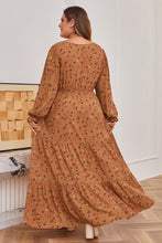 Load image into Gallery viewer, Brown Plus Size Floral Split V Neck Ruffled Sleeve Tiered Maxi Dress
