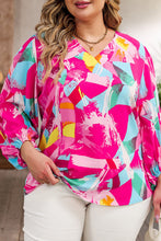 Load image into Gallery viewer, Pink Curvy Girl Graffiti Print Split Neck Puff Sleeve Blouse
