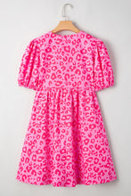 Load image into Gallery viewer, Rose Leopard Puff Sleeve Tie Front High Waist Mini Dress
