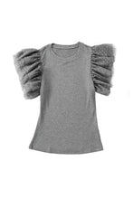 Load image into Gallery viewer, Gray Dotty Mesh Ruffle Sleeve Ribbed Knit Top
