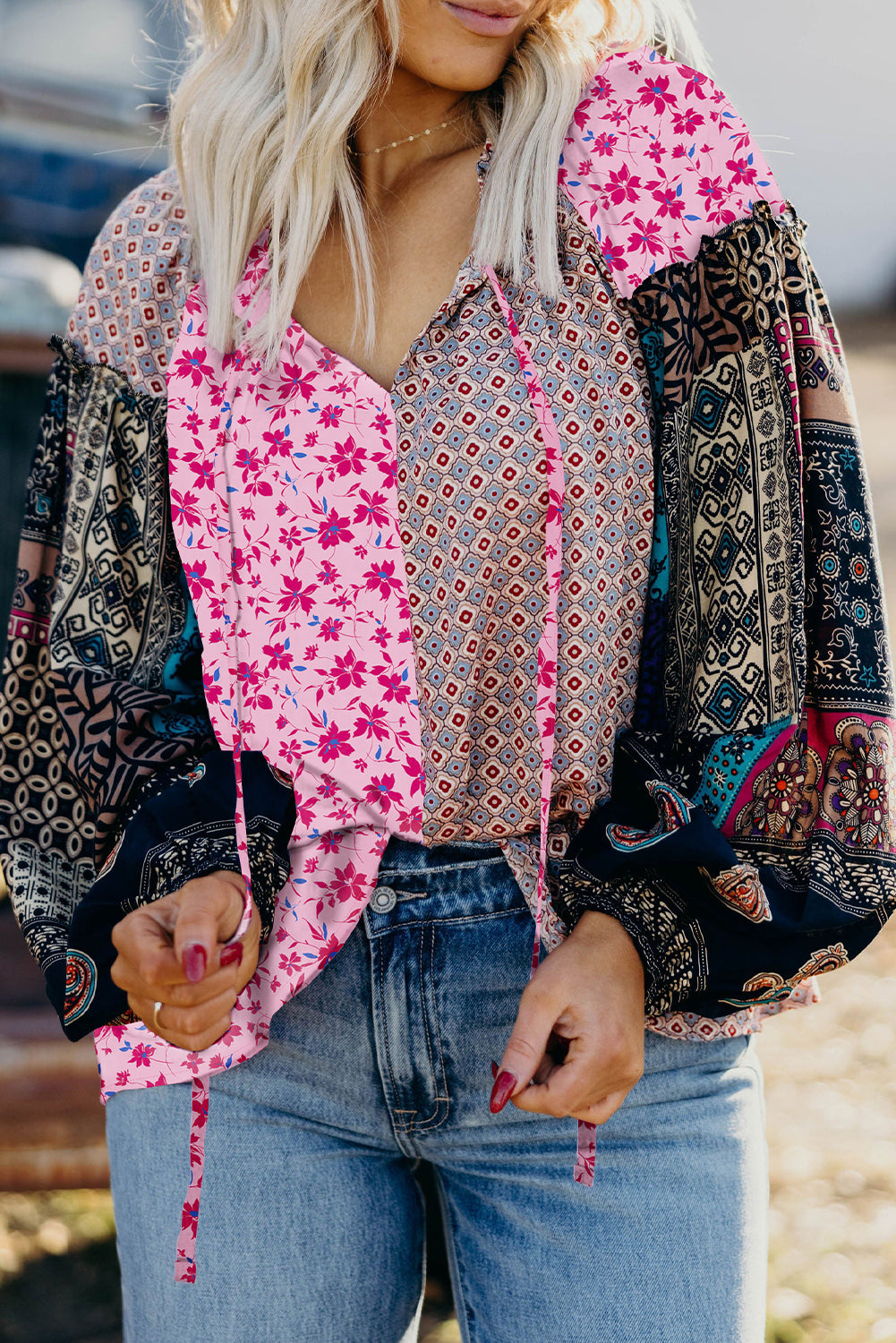Pink Boho Mixed Floral Drop Shoulder Bubble Sleeve Blouse