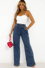 Load image into Gallery viewer, Dark Blue Drawstring Elastic Waist Wide Leg Jeans
