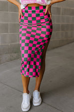 Load image into Gallery viewer, Rose Checkered Print Side Slit High Waist Midi Skirt
