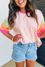 Cargar imagen en el visor de la galería, Pink Color Block Stitching Sleeve Round Neck Oversize Top
