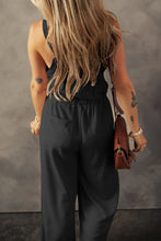 Load image into Gallery viewer, Black Knotted Straps Button Textured Drawstring Jumpsuit
