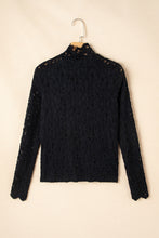 Load image into Gallery viewer, Black Flower Lace See Through Mock Neck Long Sleeve Top
