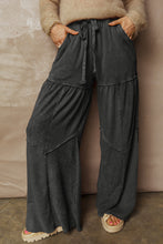 Load image into Gallery viewer, Black Mineral Wash Tiered Wide Leg Patchwork Drawstring Pants
