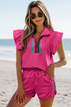 Load image into Gallery viewer, Strawberry Pink Striped Detail Flutter Sleeve Zipped Collar Short Set
