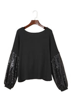 Cargar imagen en el visor de la galería, Black Sequin Patchwork Sleeve Open Back Waffle Knit Top
