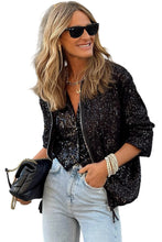 Cargar imagen en el visor de la galería, Black Sequin Zip up Round Neck Long Sleeve Jacket
