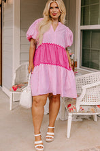 Load image into Gallery viewer, Pink Ricrac Block Accent Puff Short Sleeve Flowy Plus Dress
