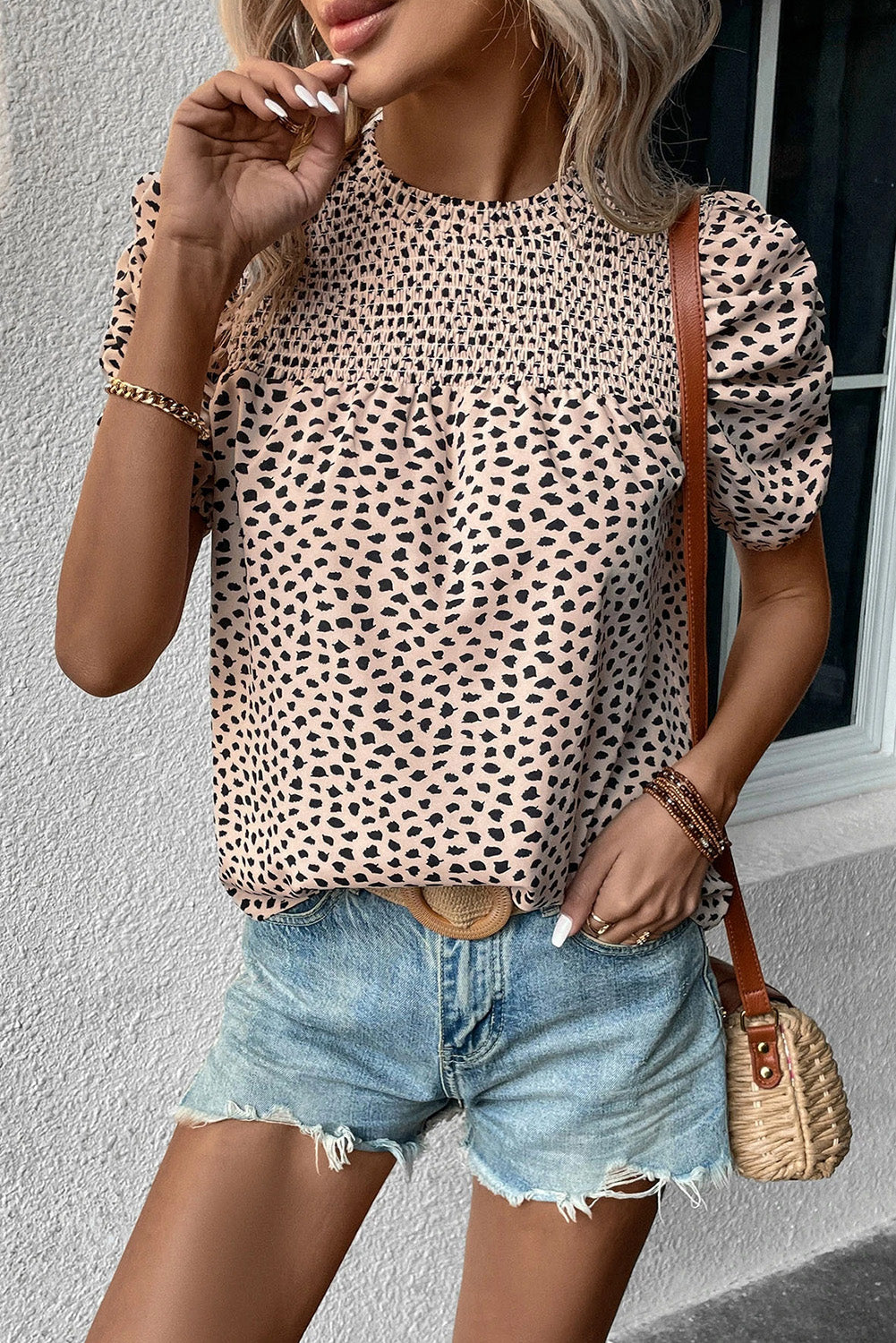 Khaki Leopard Shirred Round Neck Puff Sleeve Blouse