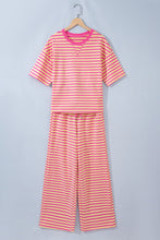 Cargar imagen en el visor de la galería, Pink Stripe Colorblock Trim Crew Neck Loose Tee Drawstring Elastic Waist 2pcs Pant Set

