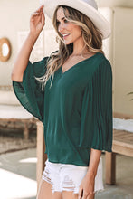 Load image into Gallery viewer, Blackish Green 3/4 Pleated Bell Sleeve V Neck Blouse
