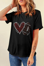 Cargar imagen en el visor de la galería, Black Rhinestone Rugby Football Heart Shape Graphic T Shirt
