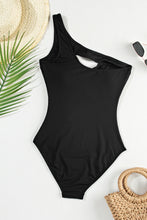 Cargar imagen en el visor de la galería, Black Ribbed One Shoulder Hollowed One Piece Swimsuit
