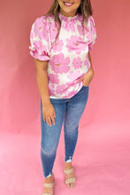 Load image into Gallery viewer, Purple Floral Ruffled Mock Neck Puff Sleeve Plus Size Blouse
